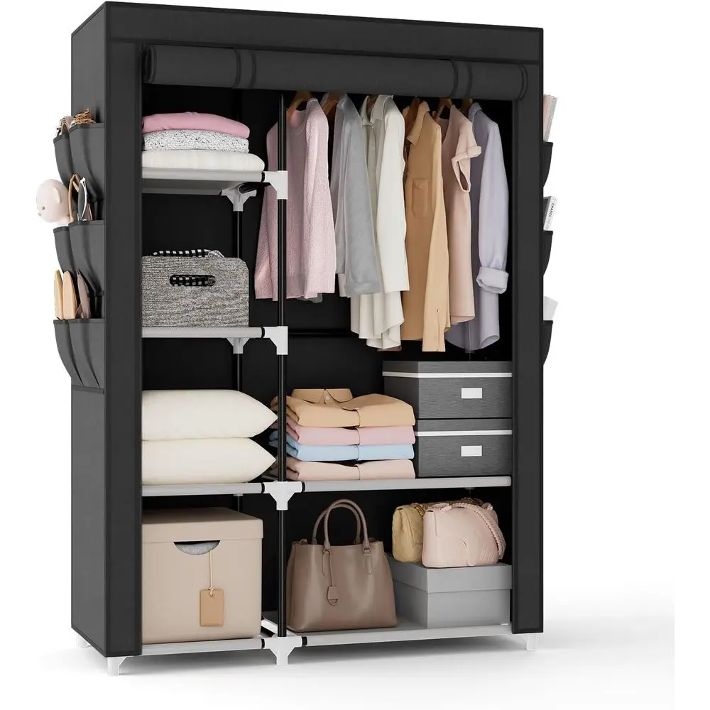 

Портативный шкаф-гардероб шириной 41,7 дюйма для хранения одежды с 1 штангой для подвешивания, 6 полками, 6 карманами и чехлом.