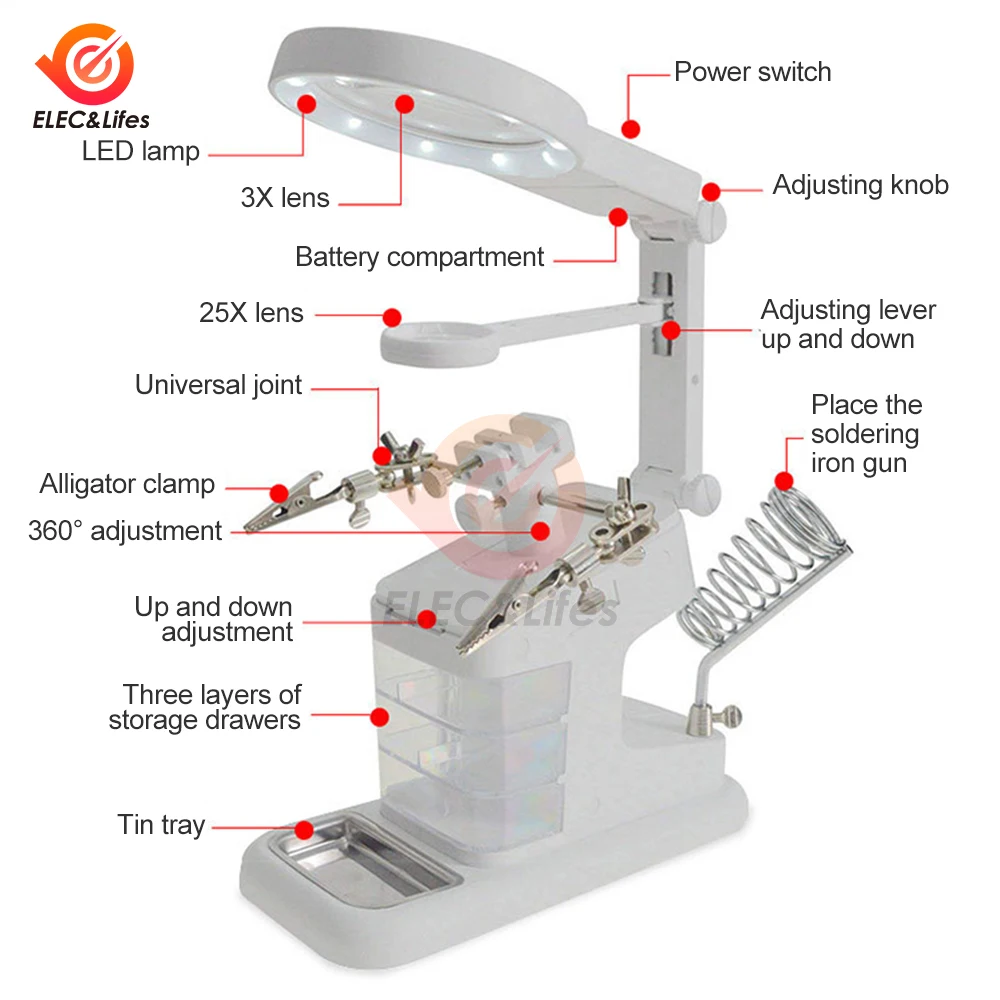 Multi-functional Welding LED Magnifier 3/4.5/25X Magnifying Glass Alligator Clip Holder Clamp Helping Hand Soldering Repair Tool