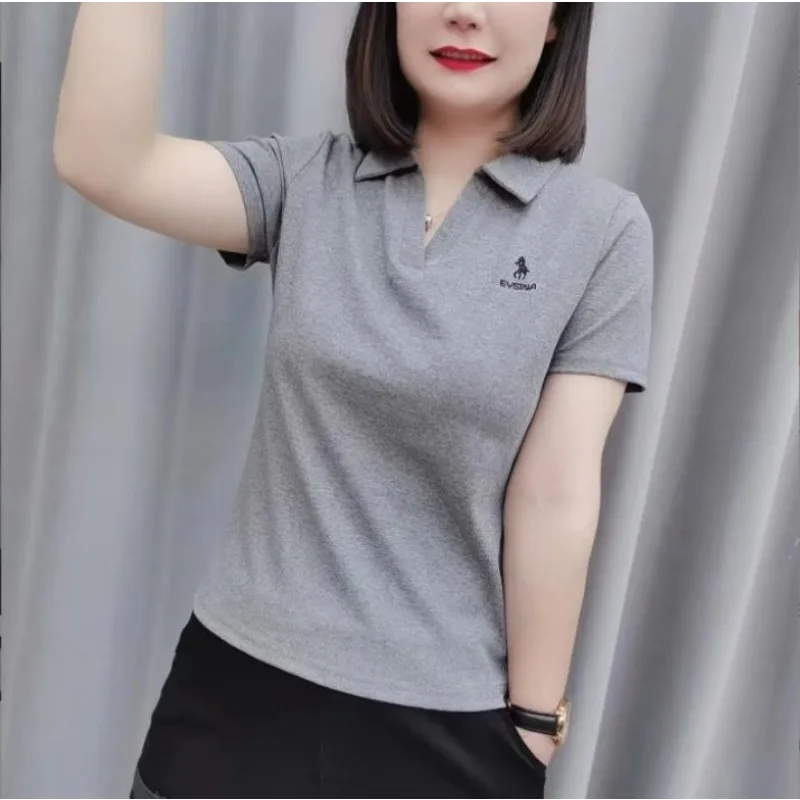 Polo Dress Women 2023 Summer New Solid Short Sleeve Polo Shirt Slim Sport Polo Embroidered T-shirt Polos Mujer Blusas