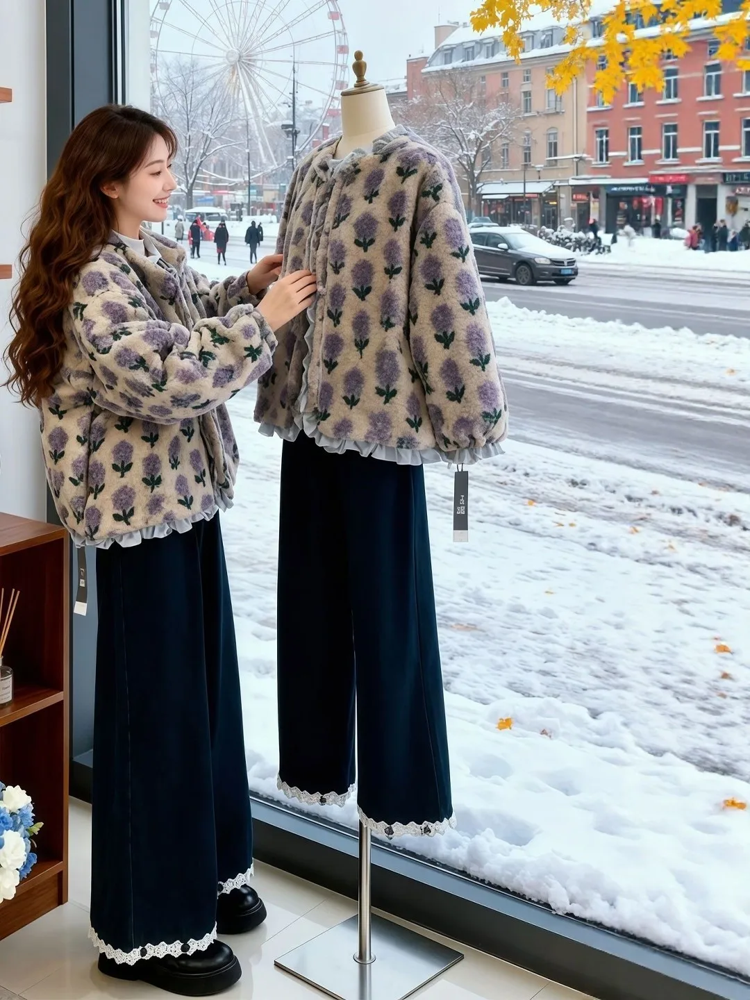 

plus Size Winter Faionable Thiened Lamb Fur Coat And Wide Leg Pants Women's Set Casual Sle High Waist Trousers round Ne