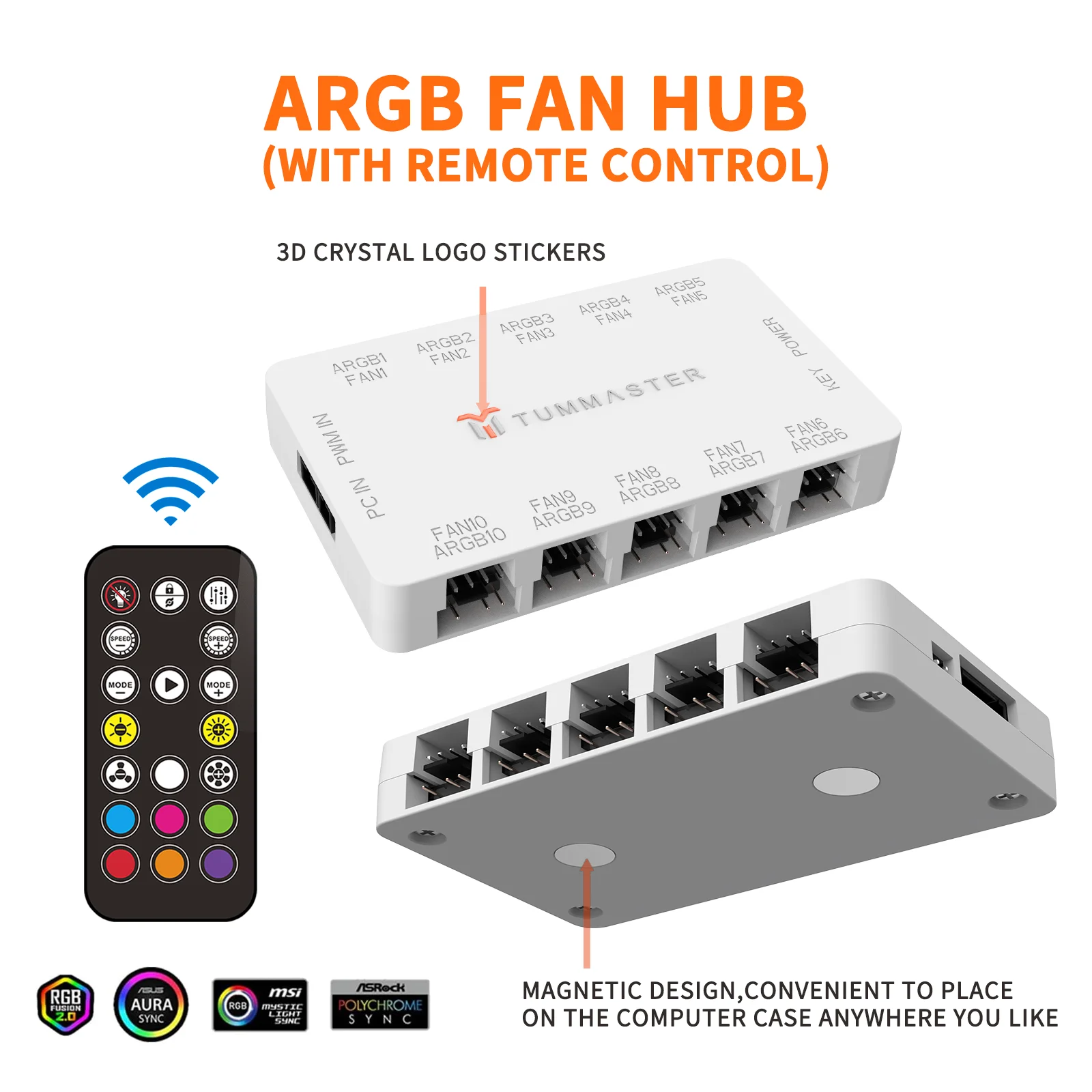 Ventilador de refrigeração argb hub10-port 4pin 5v-3pin controlador de ventilador com caixa de computador magnética iluminação pwm ventilador divisor para peças