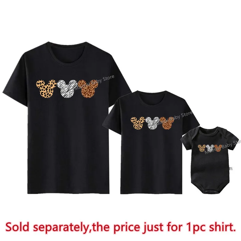 Disney Leopard Mickey Ears Shirts Funny Animal Kingdom Family Matching Outfits Cotton Look Mother and Kids Disney Trip Clothes