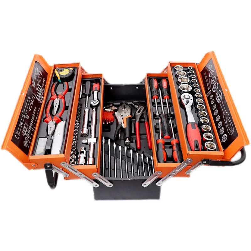 

85 Piece 3 Tier Foldable Metal Tool Box Socket Set Half Inch Drive Ratchet Sockets Pliers Wrench Mechanic Tools Automotive Diy