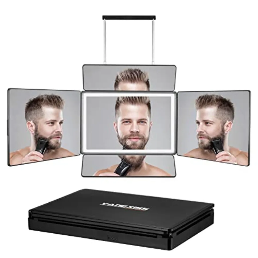 

Rechargeable 5 Way Mirror for Hair Cutting, Real Glass Adjustable Trifold Mirror with Light and Telescoping Hooks for Makeup an