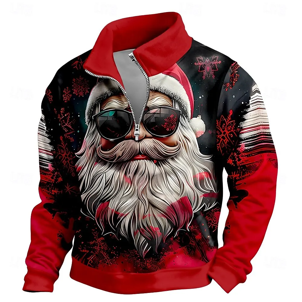 

Fashion Cool Santa Clause Graphic Zipper Sweatshirt Outdoor Street Hip Hop Style Vintage Tees Xmas Theme Casual Long Sleeve Tops