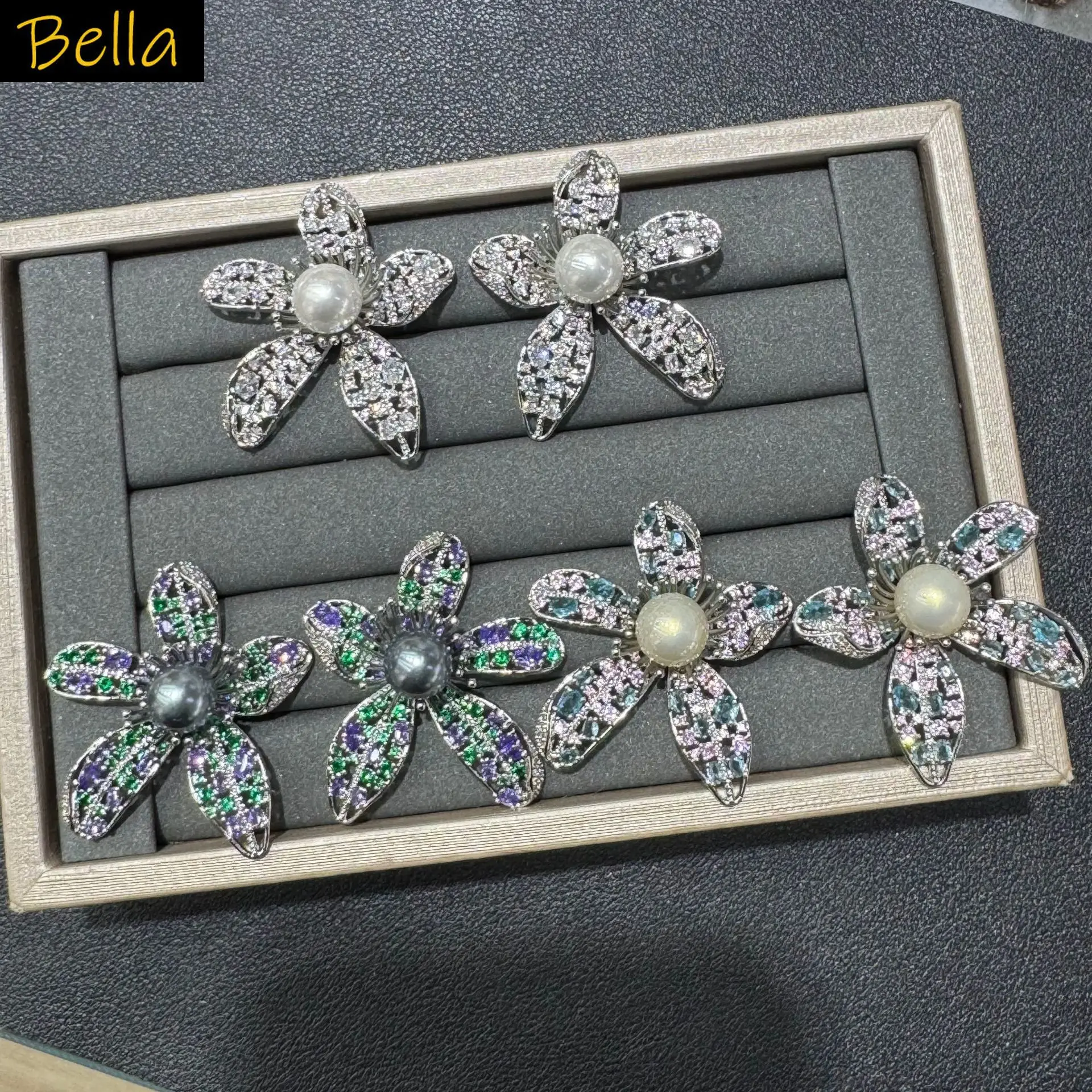 

flower petals stud earrings for women elegant jewelry for gala event dinner party shiny zircon white purple green earrings gift