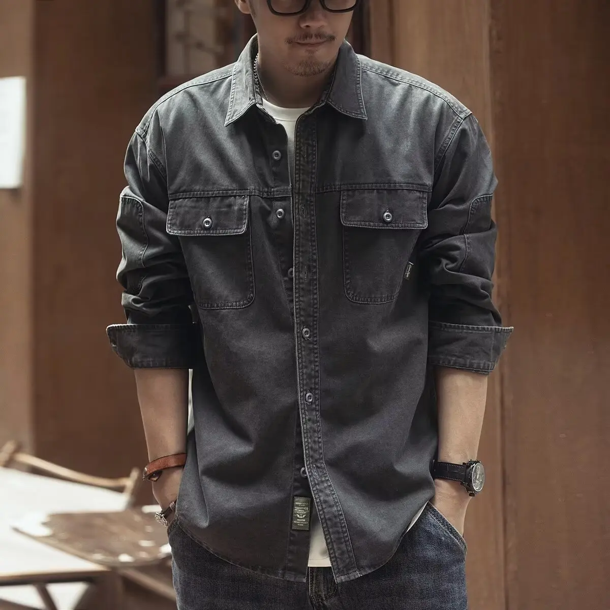 Retro American Workwear Long Sleeve Men's Denim Shirt Jacket Autumn Loose Hunting Style Casual Fashion Outerwear Coat
