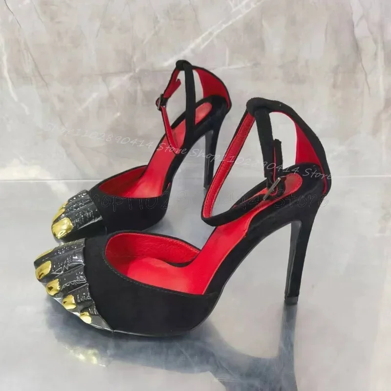

Black Gold Five Fingers Patchwork Runway Sandals Ankle Buckle Strap Women Shoes Thin High Heels Fashion 2025 Zapatos Para Mujere