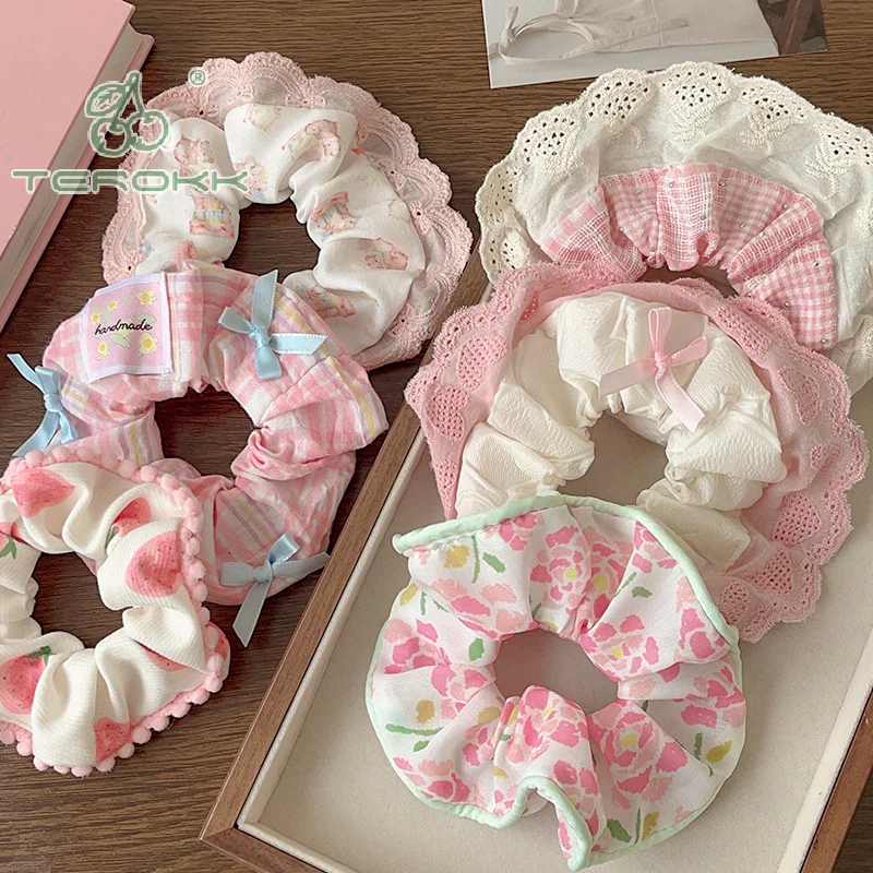 Elegant Print Lace Edge Wide Scrunches For Women Girls Sweet Hair Tie Cute Exquisite Hair Band Fashion Hair Accessories Gifts