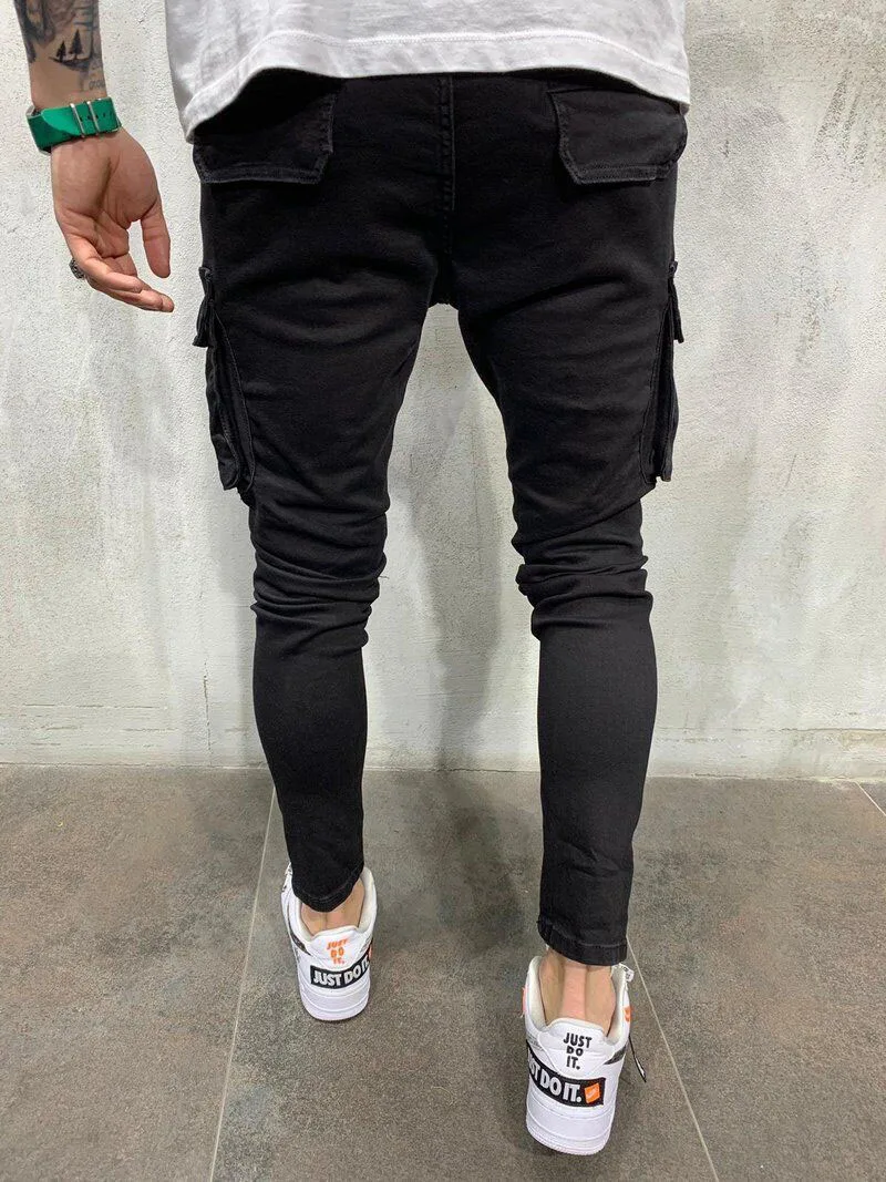 Männer dehnbare Multi-Pocket Slim Fit zerrissene Jeans schwarze elastische Taille Hose Motociclista Cargo Traight Herren Jeans Herren hose