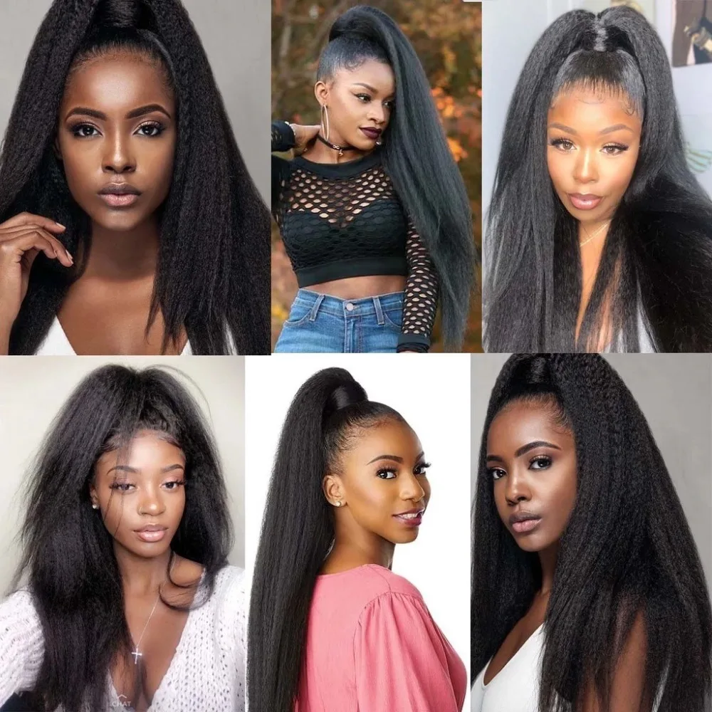 Yaki Straight Ponytail Extension for Black Women, 60CM Black Fluffy Thick Synthetic Yaki Ponytails, Drawstring Yaki Ponytail