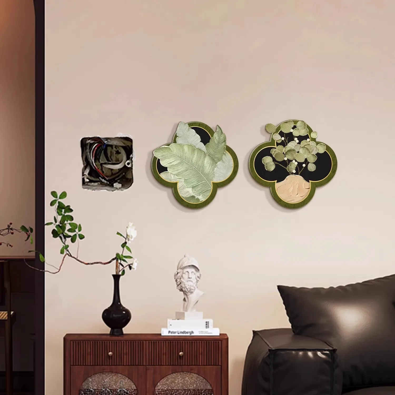 Cream Green Decorative Wall Hole Cover Stickers Ins Minimalist Line Art Leaf Patch Decals Removable Wall Plug Hole Concealer for Apartment Home Decor