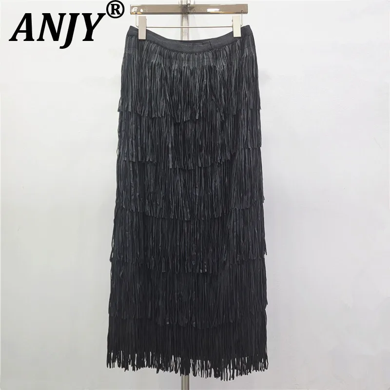 

ANJY 2025 Autumn New Women Fashion Pleated Tassel Patchwork Skirt Ins Trend Niche Elegant Versatile Casual Slimming Skirts A6966