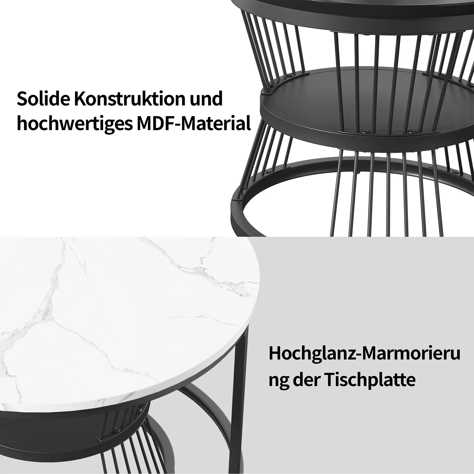 Couchtisch-Set mit 2 Stück, Beistelltisch-Set, Marmor-Furniermuster, Sofa-Beistelltische, runde Beistelltische, goldenes Gestell