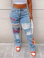 LW Butterfly Letter Print Ripped Jeans Women Casual Denim Pants Street Trousers slim stretch denim pencil pants (No Stretch)