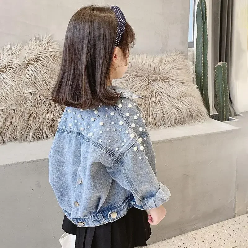 New Spring Autumn Pearl Embellishment Teenage Girls Denim Coat Children Fashion Windbreaker Kids Birthday Present Outerwear