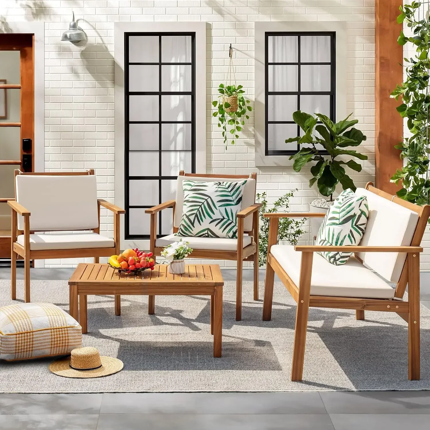 Wood Patio Conversation Sofa Set with Table & Cushions Porch Furniture