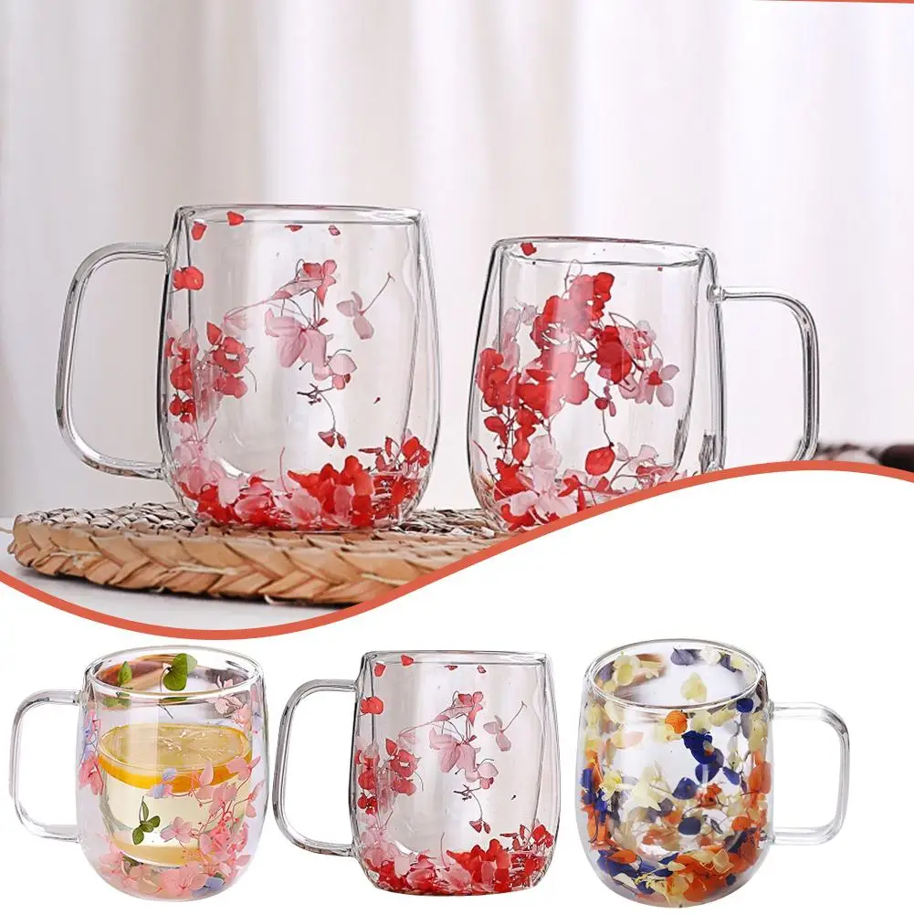 Dried Flower Double-layer Cup Household Anti-scalding Quicksand Glass Borosilicate Petal Double-layer Cup High Coffee Insul O2M0