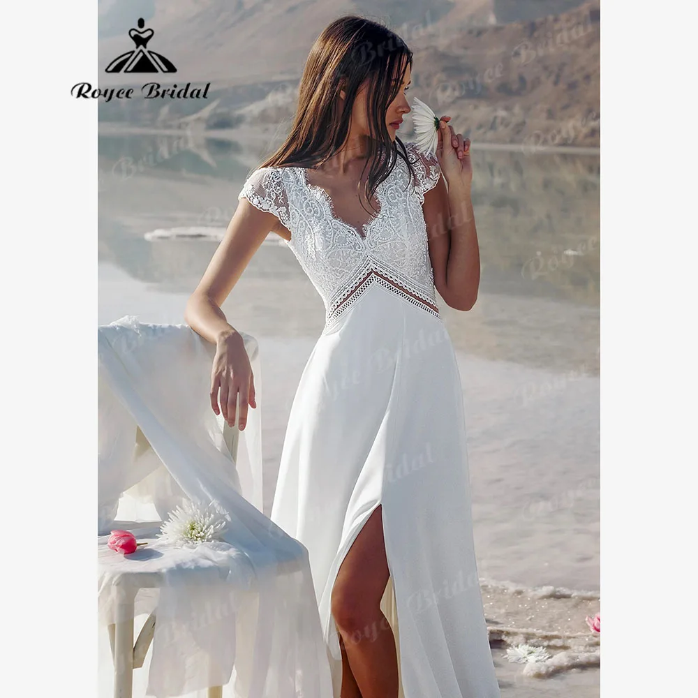 Elegant Split Side Chiffon Boho Bohemian V Neck Wedding Dress with Cap Sleeve 2024 Backless Bridal Gown for Women vestido noiva