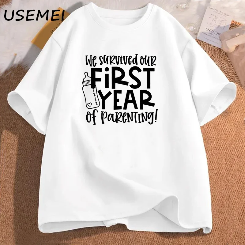 We Survived Our First Year of Parenting T Shirt Funny Parents Mama Dad Tshirt Baby 1st Birthday Tee Shirt Short Sleeve Tops