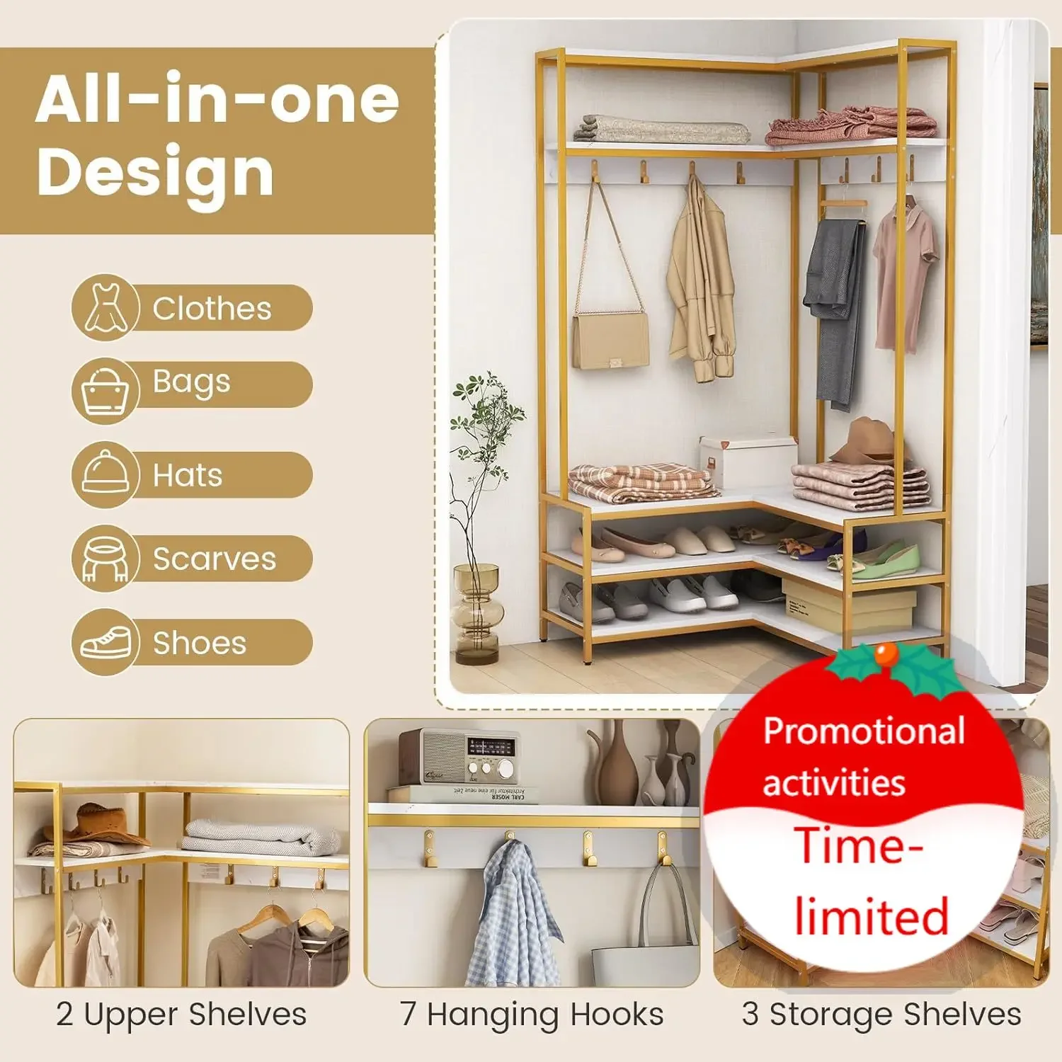 Corner Coat Rack, L-Shaped Hall Tree with Bench and Shoe Storage | Heavy Duty Freestanding Clothes Rack w/ 5 Shelves & 7 Hooks,
