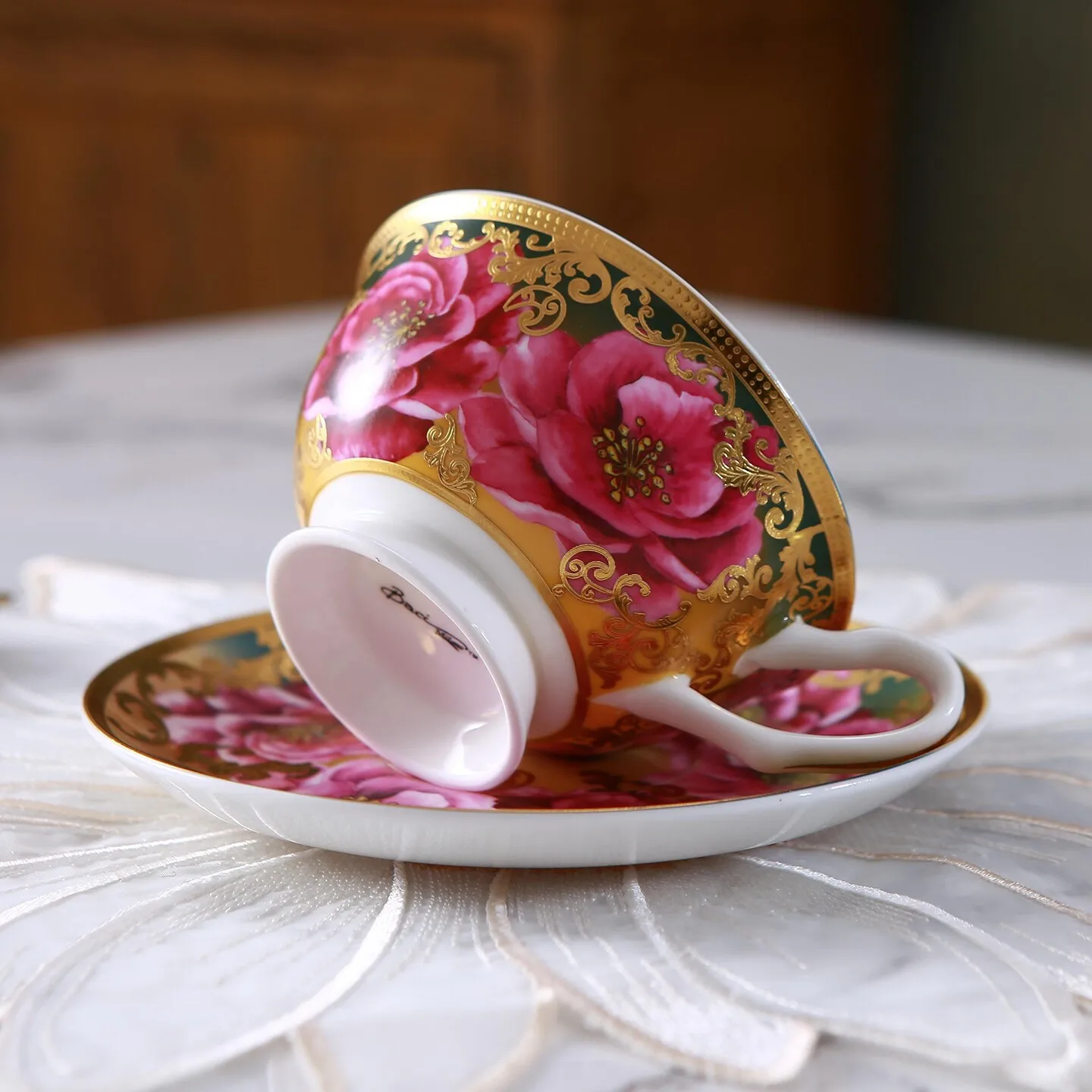 European Royal Style Porcelain Coffee Cup and Saucer Set with Gilded Floral Accents