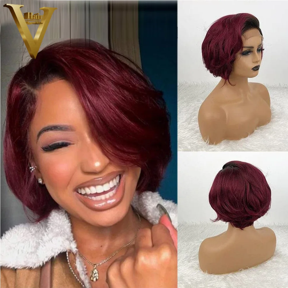 

Ombre Burgundy Straight Machine Made Wigs Short Brazilian Pre Plucked Human Hair Wigs For Women Wig For Black Women