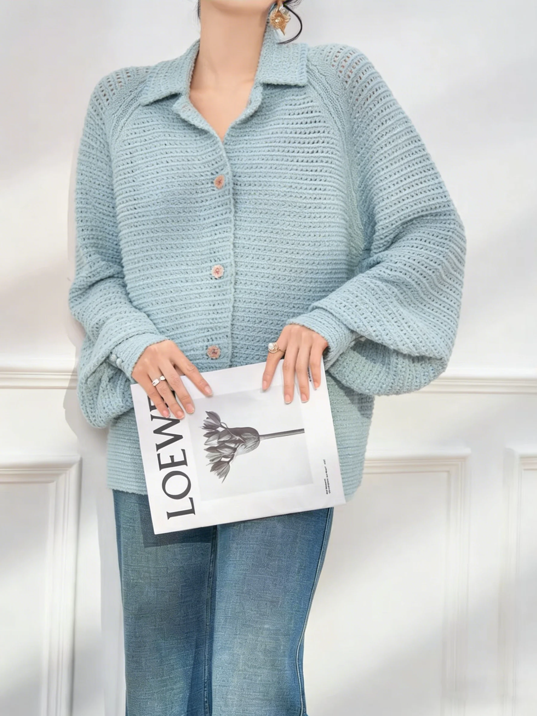 

Синий вязаный кардиган с ажурными рукавами, новый весенний стиль, женская повседневная одежда, полиэстер, длинный рукав