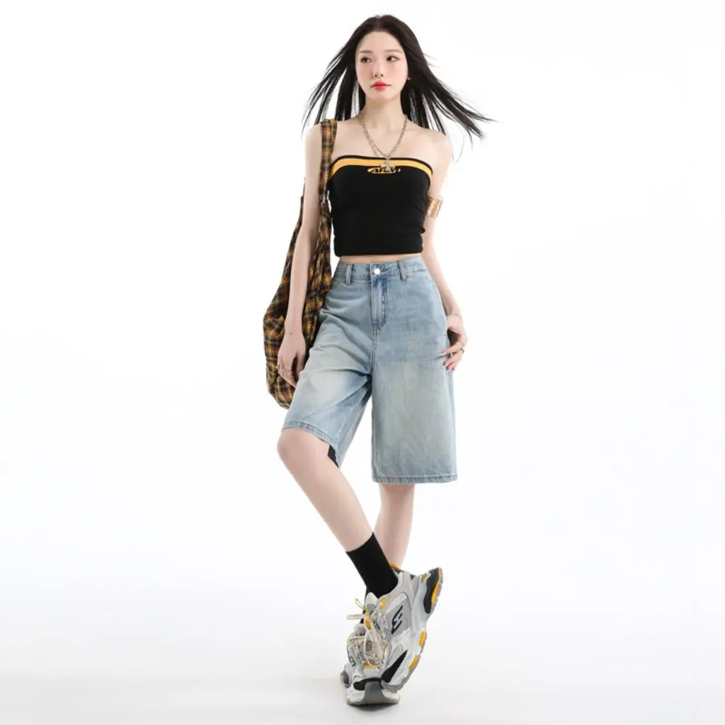 

Women's High Waist Straight Leg Jeans Light Blue Five-Point Detail Summer New American Style Wide-Leg Slimming Pants