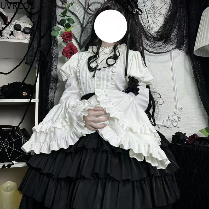Japanese Lolita White Shirts Women Vintage Gothic Ruffles Black