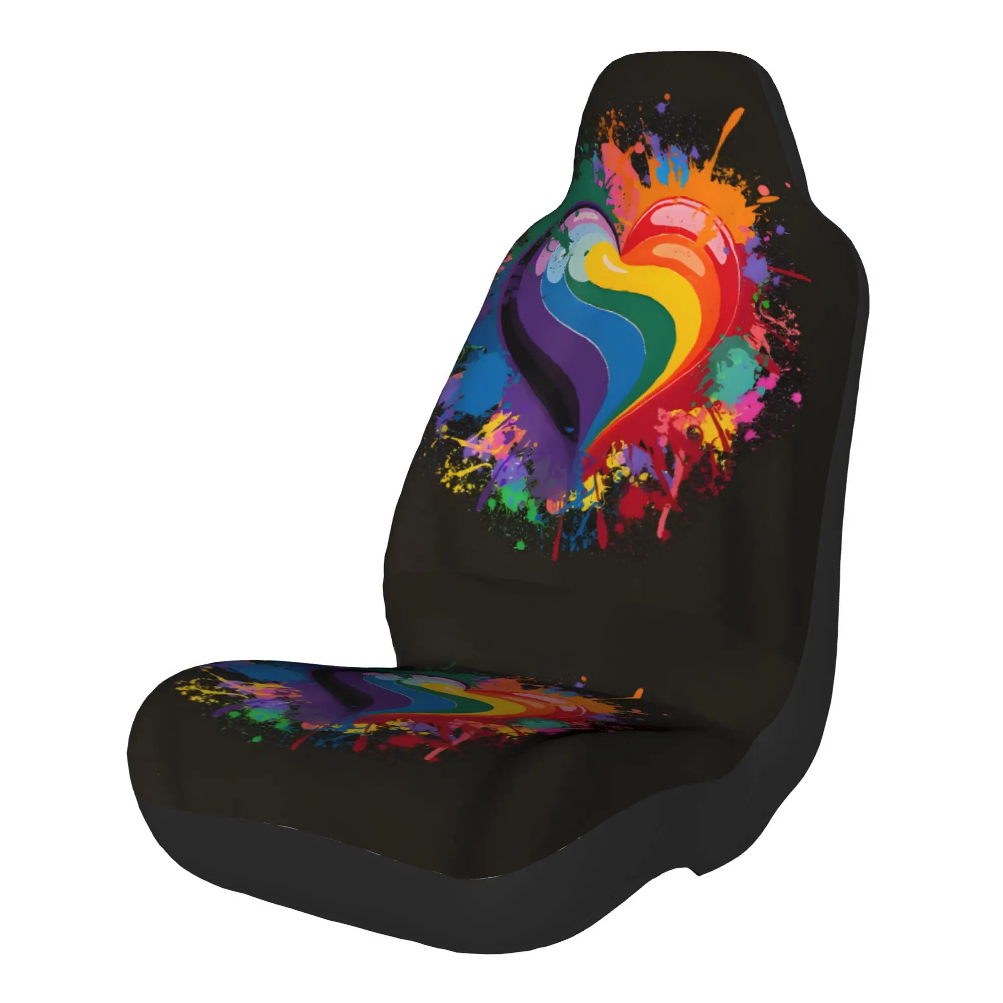 Set Of 2 Vibrant Rainbow Heart Splatter Designs On A Black Backdrop, Perfect For Celebrating Pride And Love. These Car Seat Cove