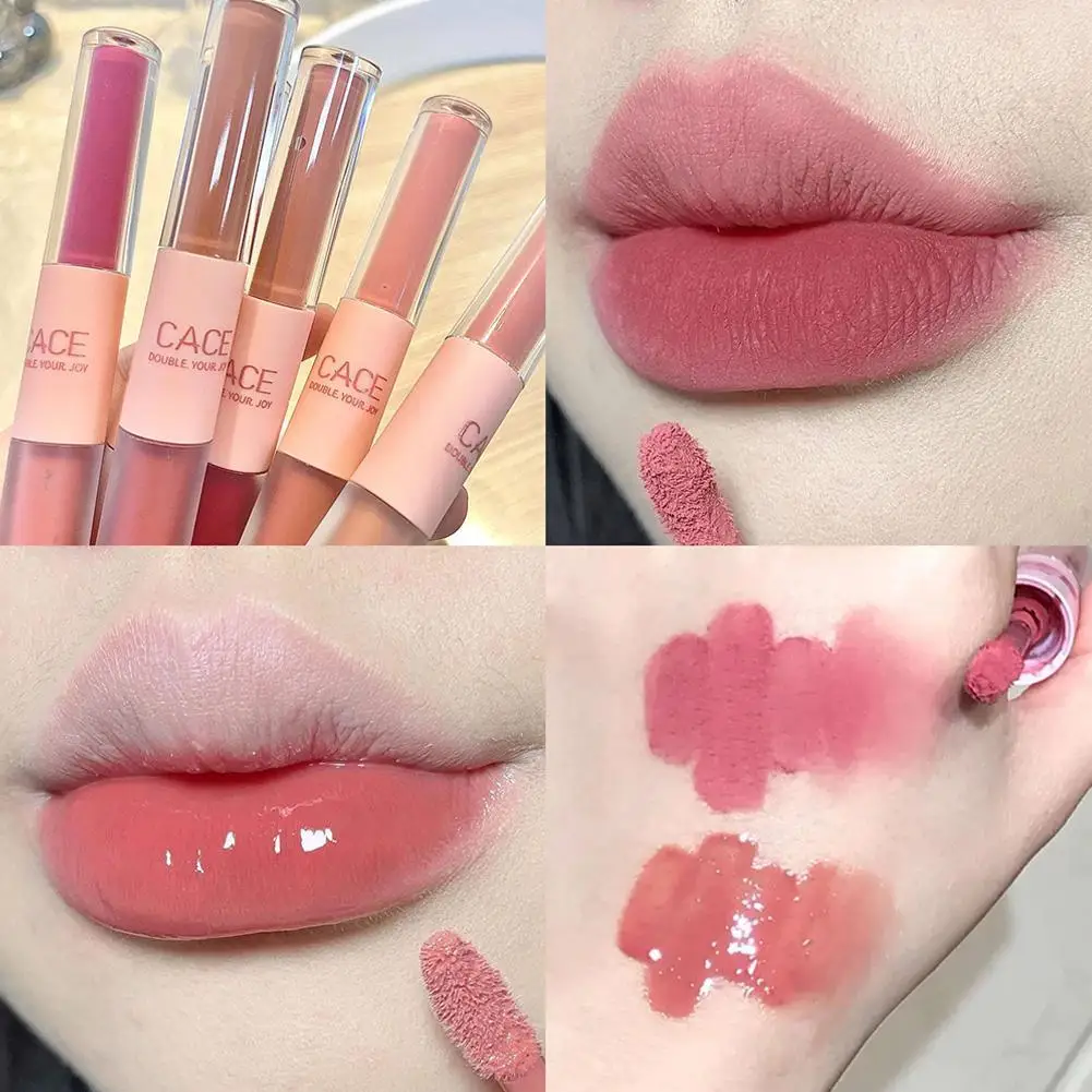 Brillo de labios de doble cabeza, brillo de labios mate de terciopelo, brillo de agua, hidratante, Cosméticos de labios impermeables, 6 colores