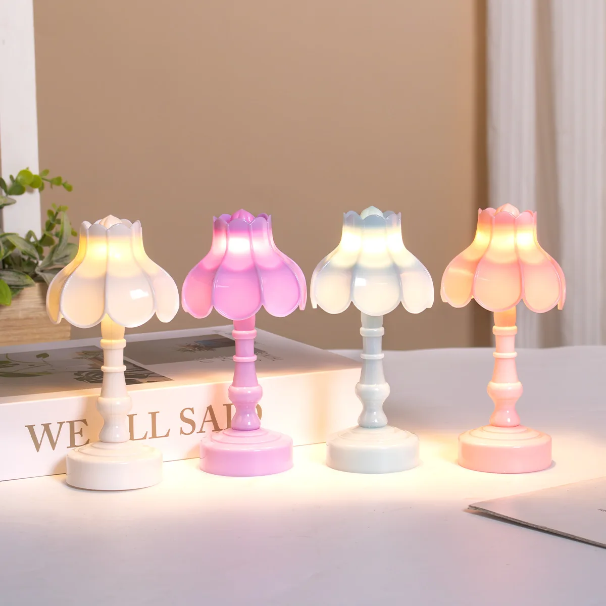 Escritorio noche dormitorio comedor luz nocturna táctil decoración moderna simple lámpara de mesa LED flor geométrica botón batería