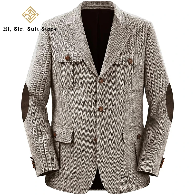 

Men's Blazer Herringbone Double-Breasted Casual Elegant Man Suit Retro New Style Jackets Coat Men's Stage Clothing Clothing New