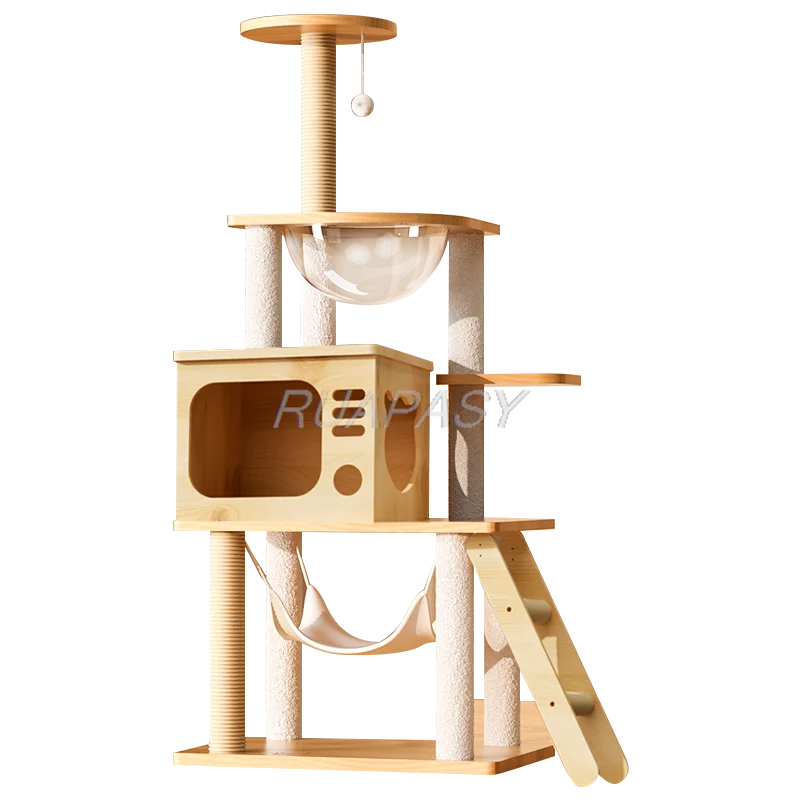 Multi-Level Wood Cat Tree Toys Post Condo Hammocks Cat Tree Shelf Scratching Jumping Platform Perch Tower Scratcher Climbing