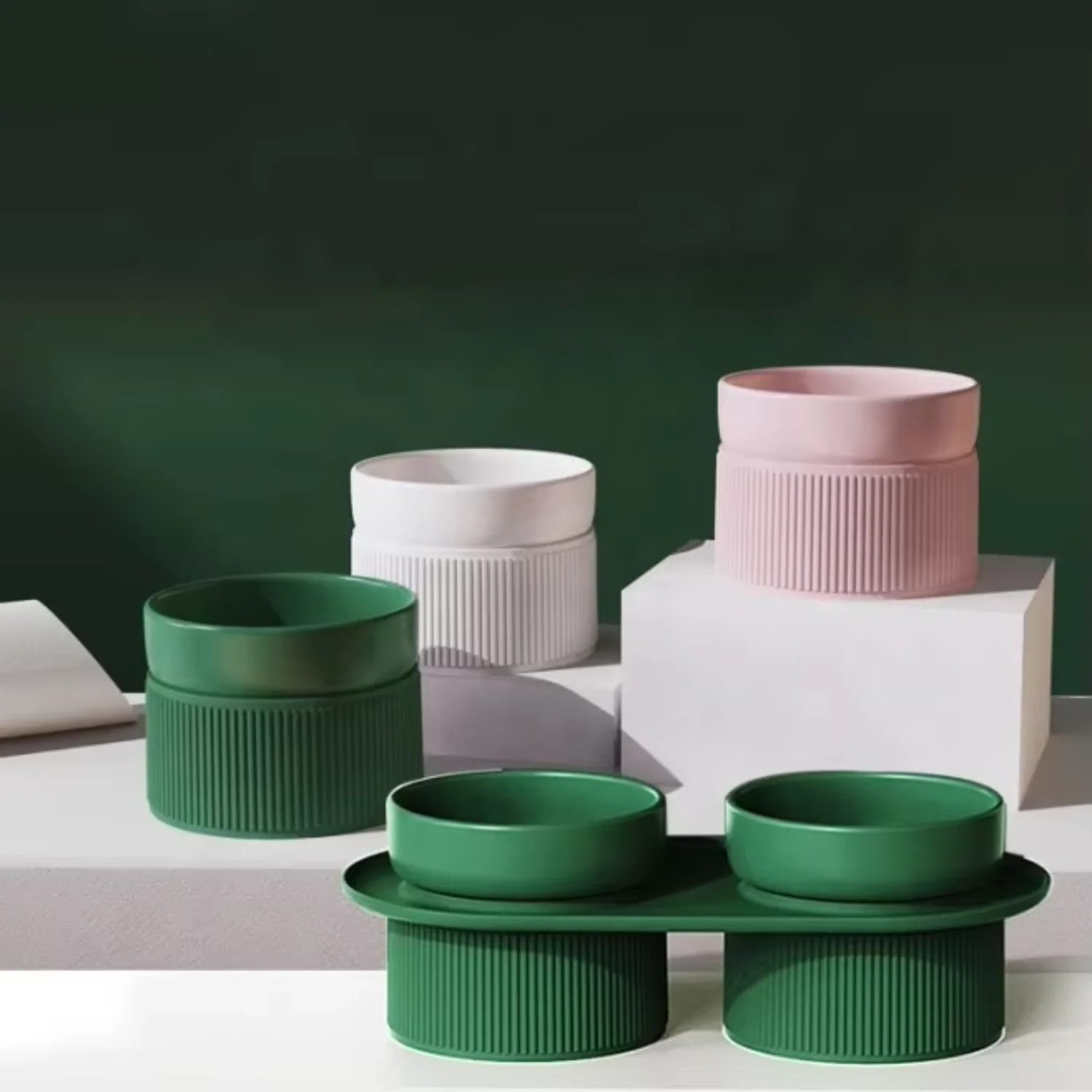 

Wholesale Pottery Enamel Anti Spill Elevated Double Food Water Drinking Pet Dog Cat Ceramic Bowl