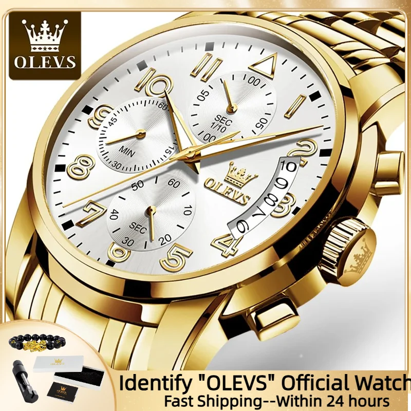 

OLEVS Men's Watches Luxury Original Stainless Steel Waterproof Watch for Men Multifunctional Quartz Wristwatch Gold Men Watch