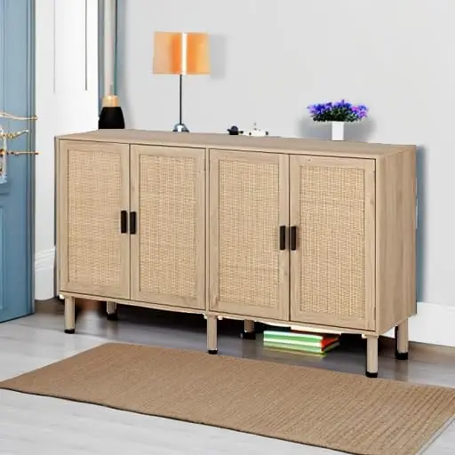 4 Door Sideboard Buffet Cabinet, Kitchen Storage Cabinet with Rattan Decorated Doors, Cupboard Console Table