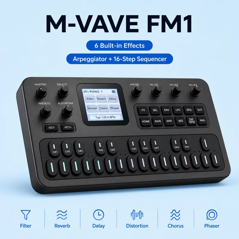 M-Vave Fm1 Portable Fm Synthesizer Effect Pedal 12h Battery 6-Operator 32-Algorithm 128 Presets Built-In Speaker In Stock