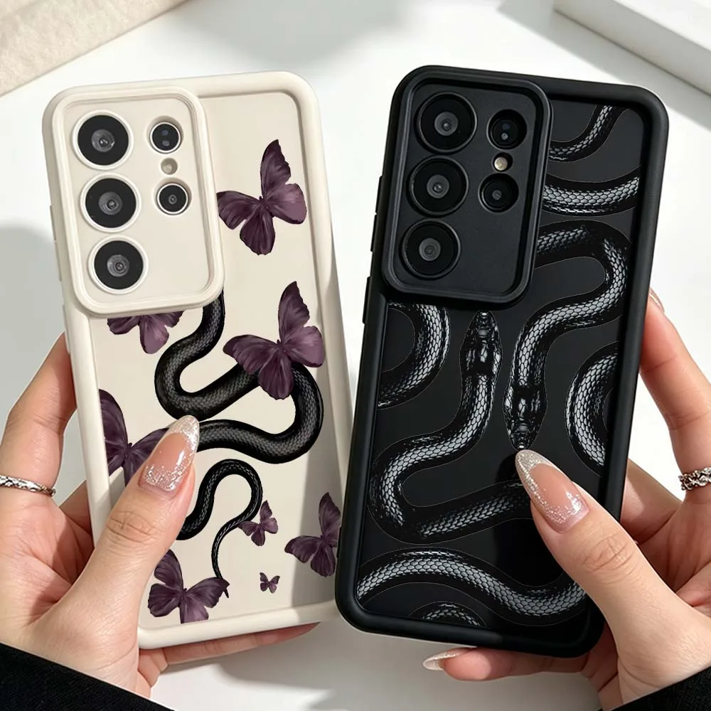 Luxury Black Coiled Snakes For Samsung Galaxy S26 S25 S24 S23 S22 S21 S20 Ultra Plus FE Eye Ladder Silicone Phone Case Cover