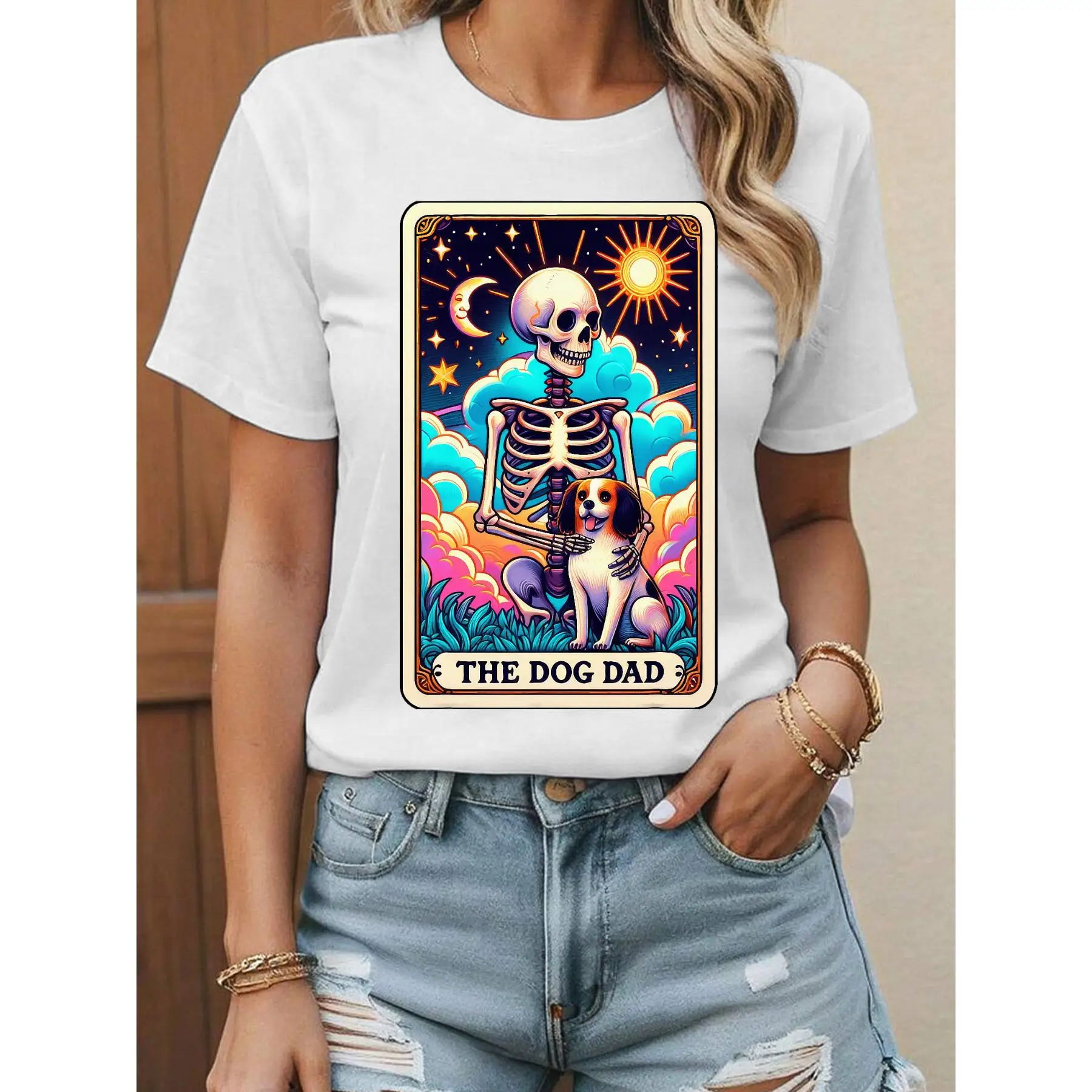 

Creative Dog Dad T-shirt. Skeleton & Dog Graphic Tee, Mystic Tarot Card Print Top | Vintage Grunge Pet Lover Short Sleeve Shirt