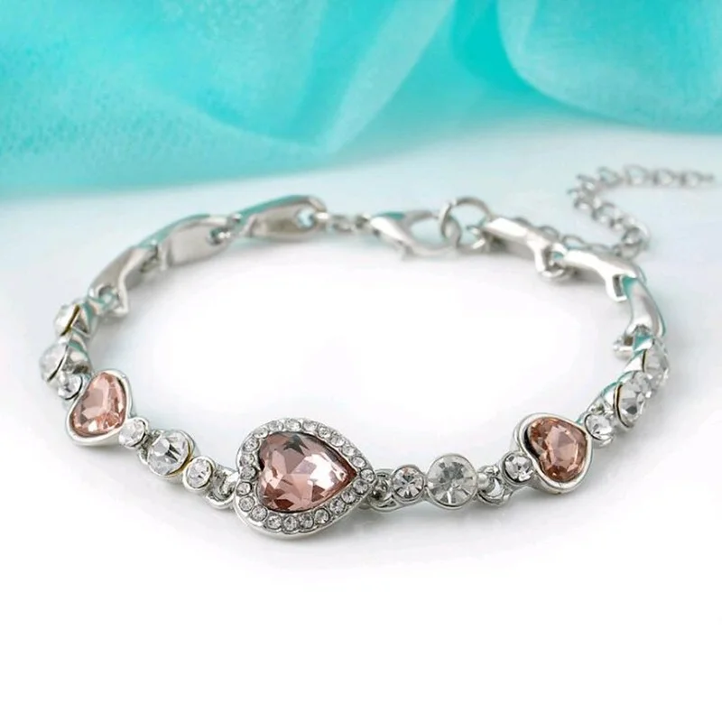 Hottest Womens Ladies Crystal Rhinestone Bangle Ocean Blue Bracelet Chain Heart Jewelry Party Gifts Peach Heart Bracelet