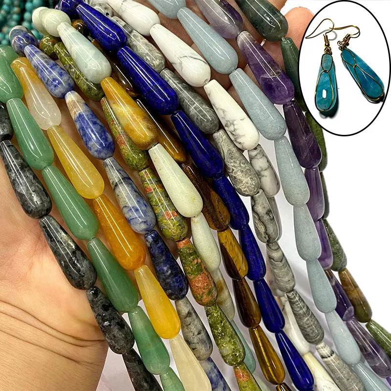 Perles de goutte d'eau en pierre naturelle, améthystes, Agates, Aventurine, calcédoine, pour la fabrication de bijoux, Bracelet, collier, boucles d'oreilles, 10x30mm