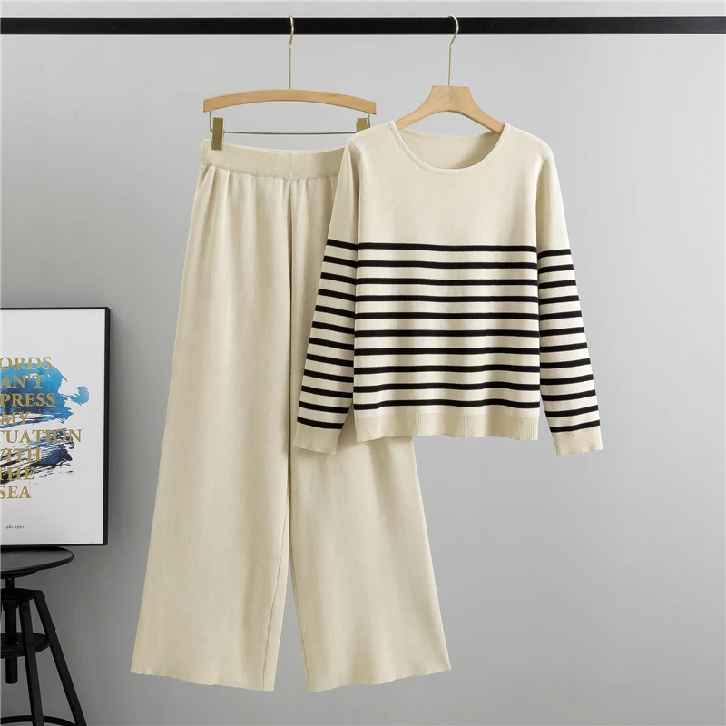 New In Autumn Winter Women Knitted Suit Striped Tops Wide Leg knit pantst Waist Loose Set 2-piece Set Casual Clothes for Women