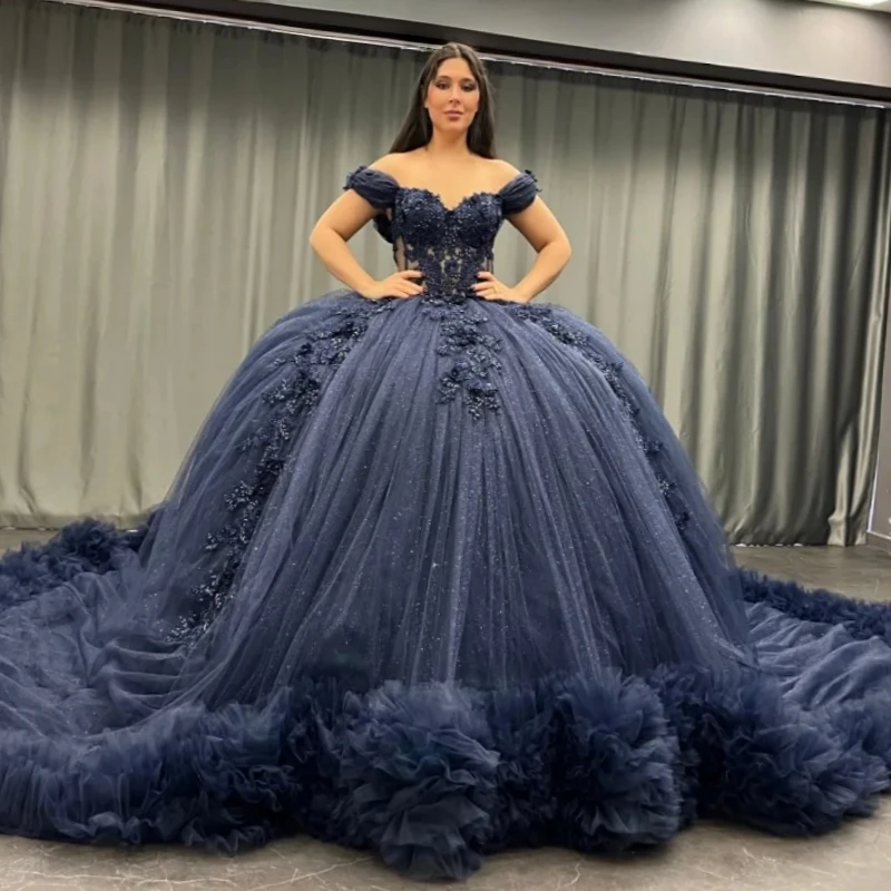 

Navy Blue Shiny Ball Gown Quinceanera Dresses Off The Shoulder Applique Flower Beads Tiered Tull Party Birthday Sweet 16 Dress