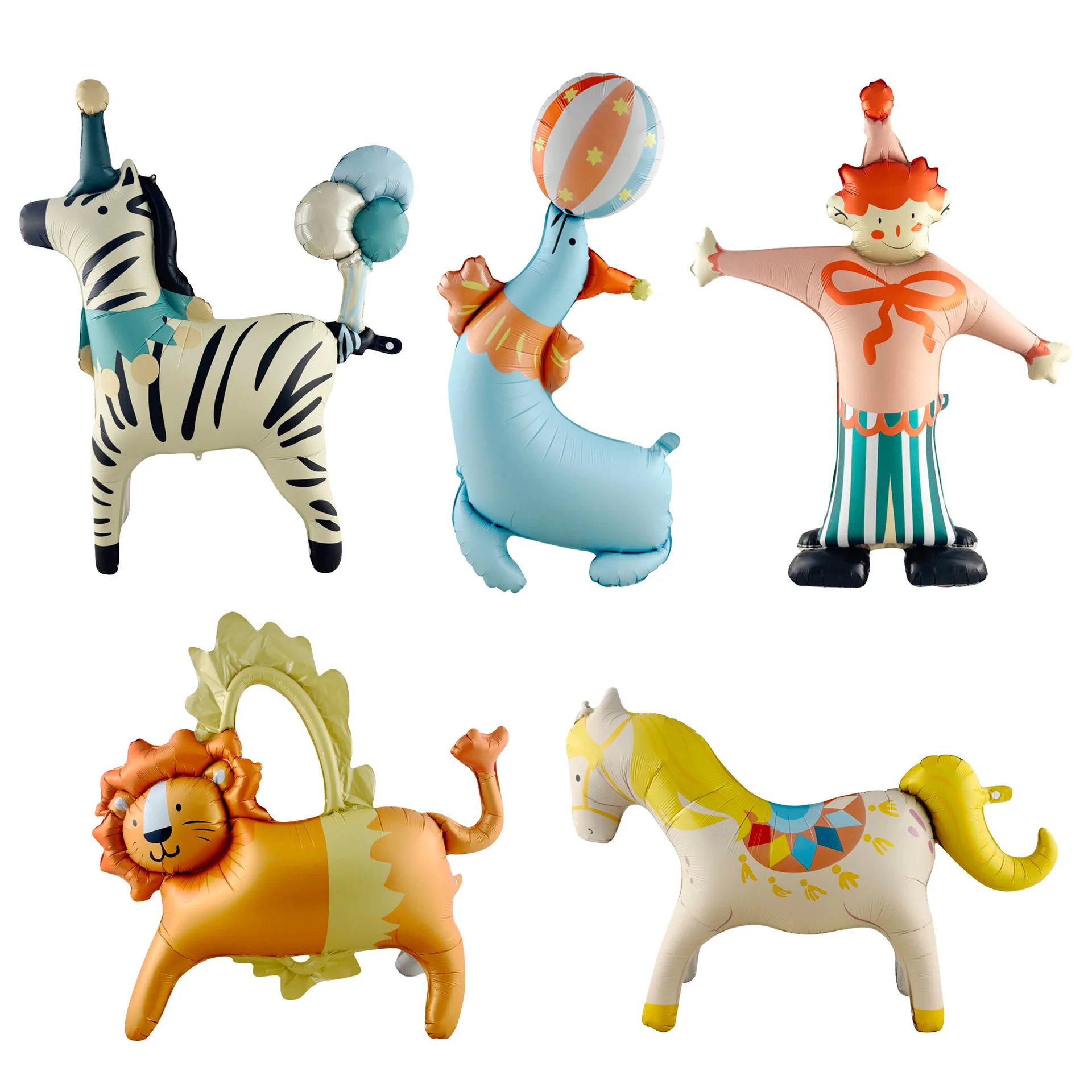 yZ[z5pcs Circus Cartoon Animal Theme Balloon Bear Lion Aluminum Foil Balloon Monkey Tiger Happy Birthday Party Decoration