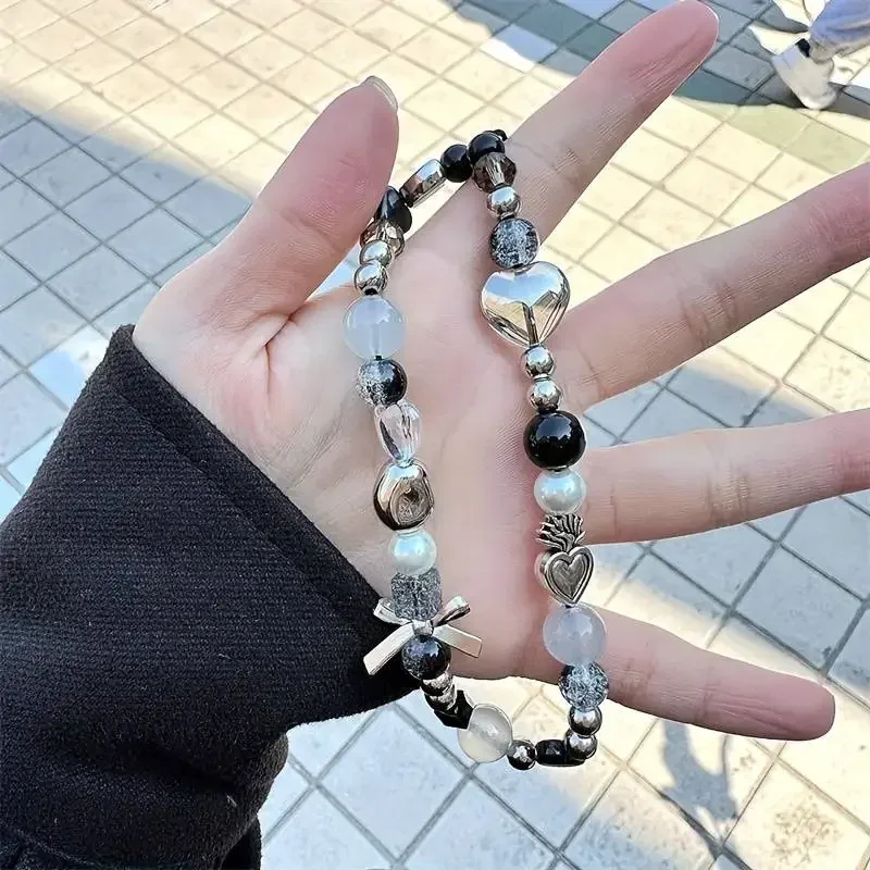 Heart Flower Bead Phone Charm Strap Korean Bracelet Pendant for Bag Camera Accessories Hanging Rope Girl Jewelry