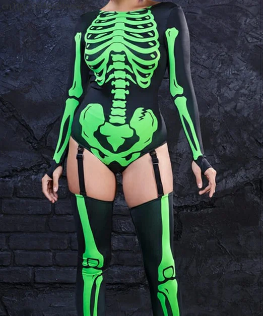 Комбинезон с 3D принтом в стиле киберпанк и черепом, женский тонкий боди со скелетом, женский комбинезон на Хэллоуин, фестиваль, вечеринка, клубная одежда