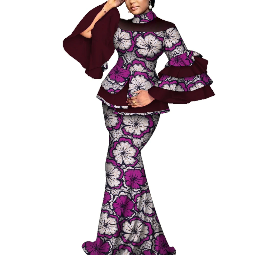 African Clothes for Women 2 Pieces Set Flare Sleeve Shirt and Maxi Long Skirt Elegant Dashiki Party Wedding Dress Wy10127