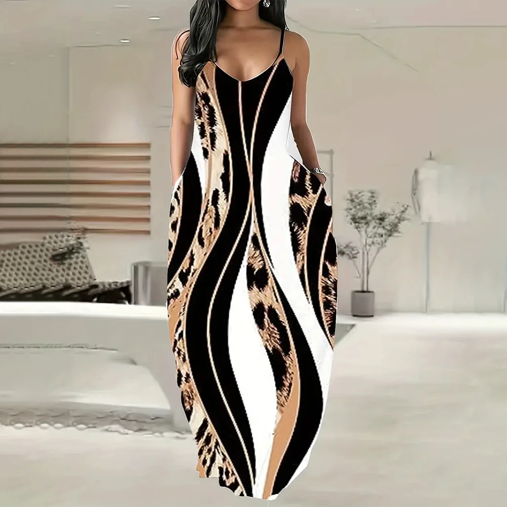 Women's Fashion Summer Slip Dress Striped Texture Printed Fashion Maxi Skirt Bohemia Beach Party New Spaghetti Strap Dresses